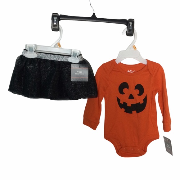 Baby Girl Pumpkin Halloween 3/6 Mo Onesie & Skirt Tutu Orange Black NWT - Picture 2 of 4